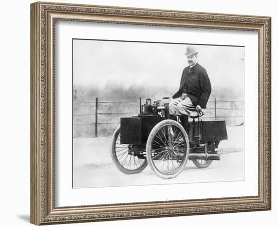 Albert De Dion on a Steam Tricycle, 1888-null-Framed Photographic Print