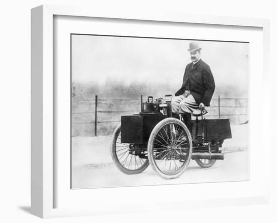 Albert De Dion on a Steam Tricycle, 1888-null-Framed Photographic Print