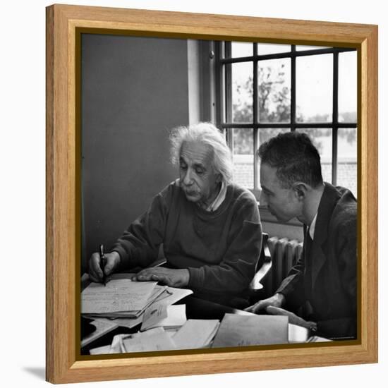 Albert Einstein, in Discussion with Robert Oppenheimer in Office Institute for Advanced Study-Alfred Eisenstaedt-Framed Premier Image Canvas