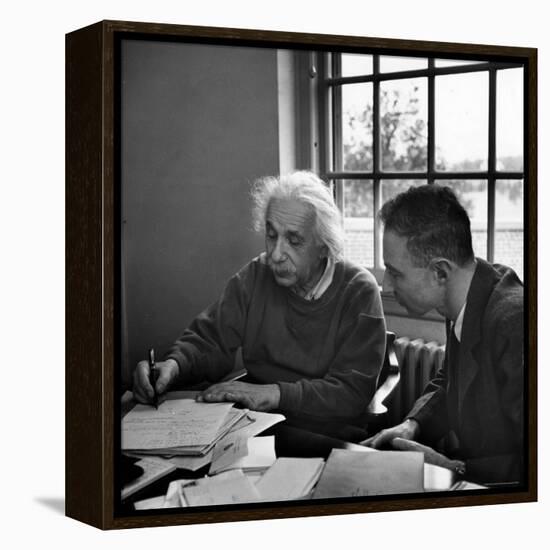 Albert Einstein, in Discussion with Robert Oppenheimer in Office Institute for Advanced Study-Alfred Eisenstaedt-Framed Premier Image Canvas
