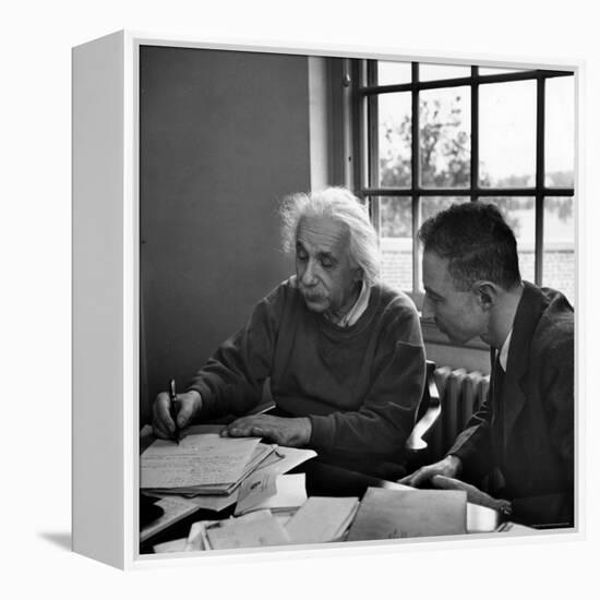 Albert Einstein, in Discussion with Robert Oppenheimer in Office Institute for Advanced Study-Alfred Eisenstaedt-Framed Premier Image Canvas