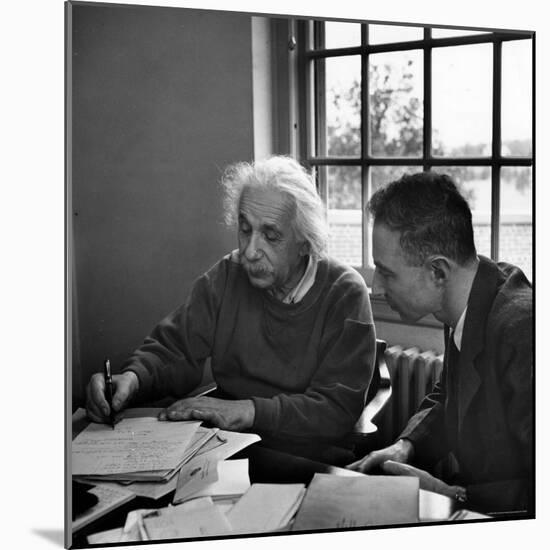 Albert Einstein, in Discussion with Robert Oppenheimer in Office Institute for Advanced Study-Alfred Eisenstaedt-Mounted Premium Photographic Print