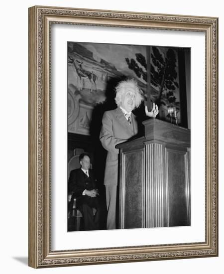 Albert Einstein speaking, c.1940-Harris & Ewing-Framed Photographic Print