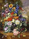 Still Life with Roses, Delphiniums, Poppies, and Marigolds on a Ledge-Albert Williams-Giclee Print