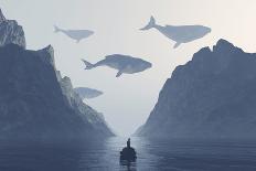 Whales flying in the sky at mountains-Alberto Andrei Rosu-Art Print