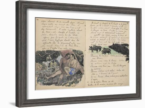 Album Ancien culte Mahori : un couple assis et troupeau de cochons-Paul Gauguin-Framed Giclee Print