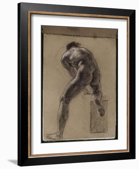 Album cartonné; Académie d'homme nu de dos, penché en avant, le genou droit sur un billot; vers-Eugene Delacroix-Framed Giclee Print