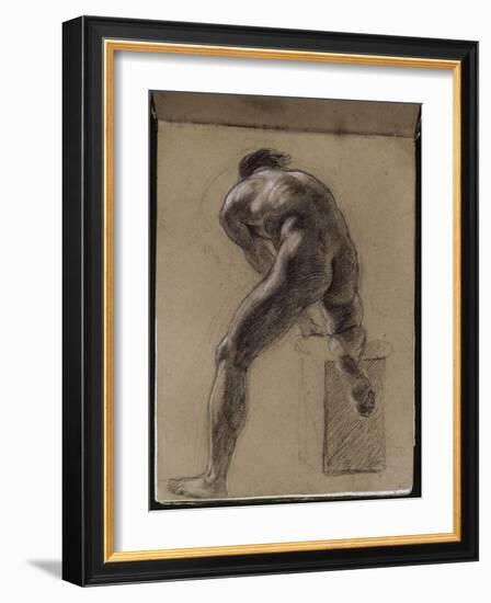 Album cartonné; Académie d'homme nu de dos, penché en avant, le genou droit sur un billot; vers-Eugene Delacroix-Framed Giclee Print