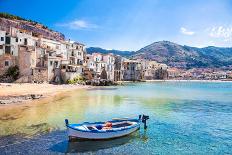 Beautiful Old Harbor with Wooden Fishing Boat in Cefalu, Sicily, Italy.-Aleksandar Todorovic-Photographic Print