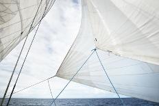 White Yacht Sails against Clear Blue Sky with Lots of Clouds. Sailing in an Open Mediterranean Sea.-alekseystemmer-Premier Image Canvas