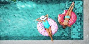 Two People (Mom and Child) Relaxing on Donut Lilo in the Pool at Private Villa. Summer Holiday Idyl-Alena Ozerova-Framed Photographic Print