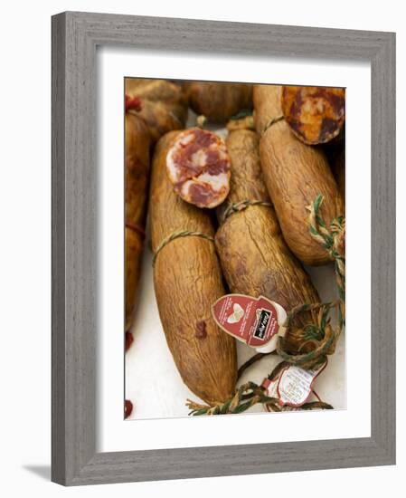 Alentejo, Estremoz, Portuguese Salami for Sale in Street Market in Alentejo, or Chourico, Portugal-Camilla Watson-Framed Photographic Print