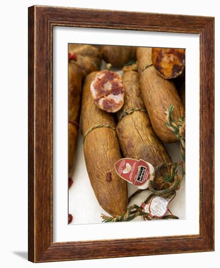 Alentejo, Estremoz, Portuguese Salami for Sale in Street Market in Alentejo, or Chourico, Portugal-Camilla Watson-Framed Photographic Print