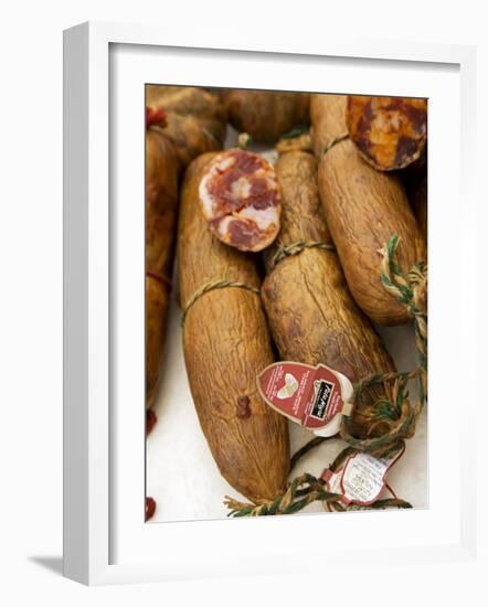 Alentejo, Estremoz, Portuguese Salami for Sale in Street Market in Alentejo, or Chourico, Portugal-Camilla Watson-Framed Photographic Print