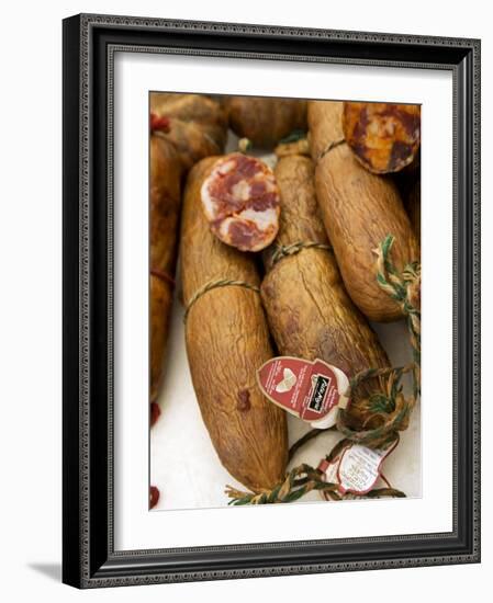 Alentejo, Estremoz, Portuguese Salami for Sale in Street Market in Alentejo, or Chourico, Portugal-Camilla Watson-Framed Photographic Print