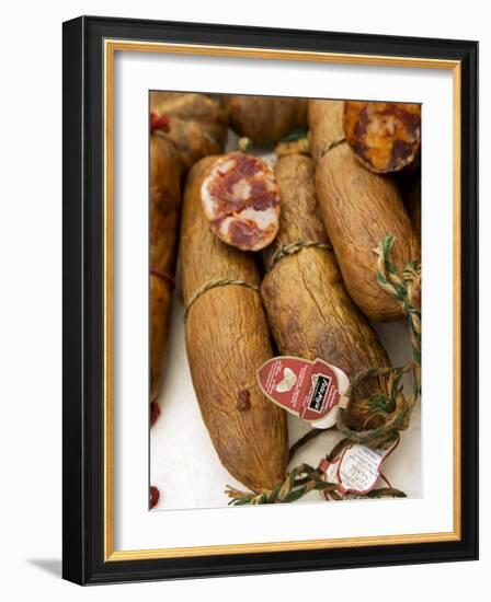 Alentejo, Estremoz, Portuguese Salami for Sale in Street Market in Alentejo, or Chourico, Portugal-Camilla Watson-Framed Photographic Print