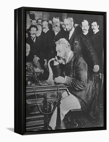 Alexander Graham Bell Inaugurating the New York Chicago Telephone Line While Others Look On-null-Framed Premier Image Canvas