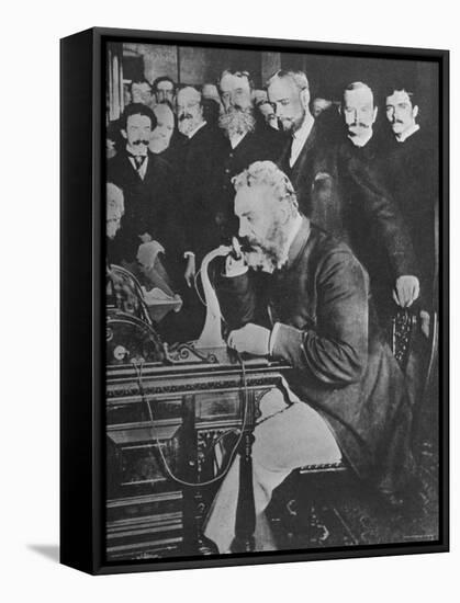 Alexander Graham Bell Inaugurating the New York Chicago Telephone Line While Others Look On-null-Framed Premier Image Canvas