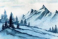 Watercolor Illustration. Winter Mountains Landscape, Trees, Sky.-AlexGreenArt-Art Print