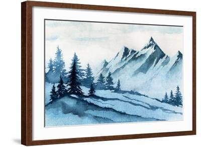 Watercolor Illustration. Winter Mountains Landscape, Trees