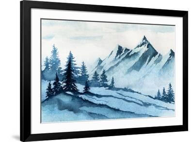 Watercolor Illustration. Winter Mountains Landscape, Trees