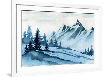 Watercolor Illustration. Winter Mountains Landscape, Trees