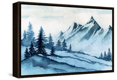 Watercolor Illustration. Winter Mountains Landscape, Trees
