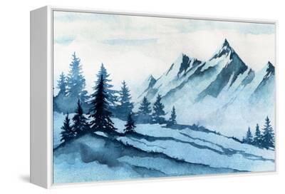 絵画 Winter Mountains Watercolor Illustration. Winter Mountains Landscape, Trees