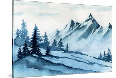 Watercolor Illustration. Winter Mountains Landscape, Trees