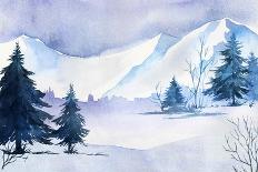 Winter Landscape. Watercolor Landscape Illustration. Christmas Background.-AlexGreenArt-Mounted Art Print