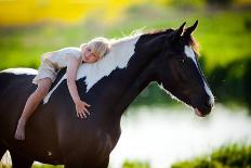 Child and Bay Horse in Field-Alexia Khruscheva-Mounted Photographic Print