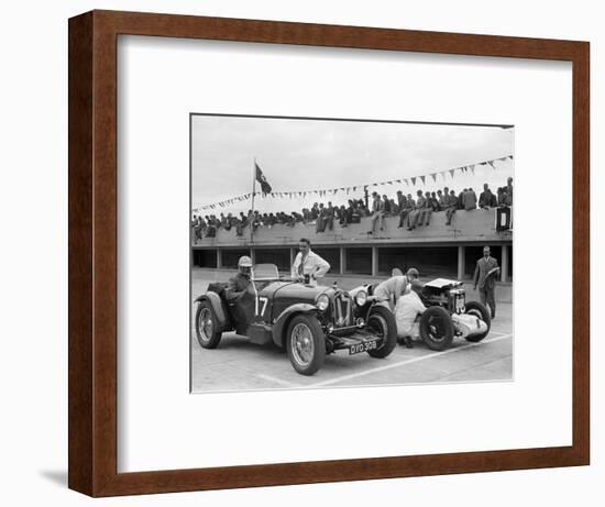 Alfa Romeo and supercharged MG Midget on the start line at Brooklands, 1938 or 1939-Bill Brunell-Framed Photographic Print