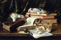 Kittens Playing on Desk, (Oil on Canvas)-Alfred Brunel De Neuville-Giclee Print