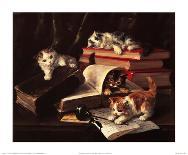 Kittens Playing on Desk, (Oil on Canvas)-Alfred Brunel De Neuville-Giclee Print