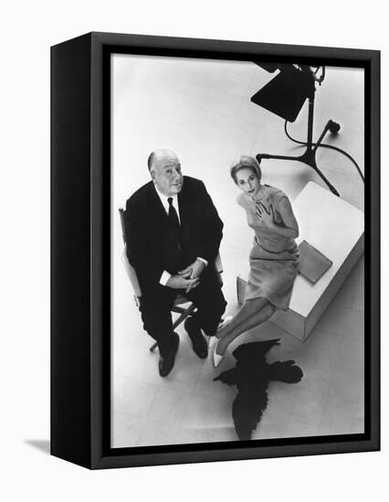 Alfred Hitchcock and Tippi Hedren, photo pour la sortie du fim Les Oiseaux, 1963 (b/w photo)-null-Framed Stretched Canvas