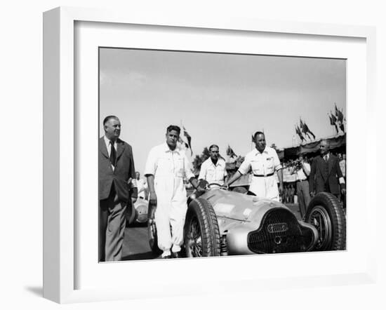 Alfred Neubauer with Mercedes Car at the Start of the Italian Grand Prix, Monza, 1938-null-Framed Photographic Print