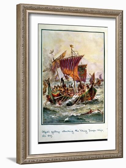 Alfred's Galleys Attacking the Viking Dragon Ships, 897 Ad-Henry Payne-Framed Giclee Print