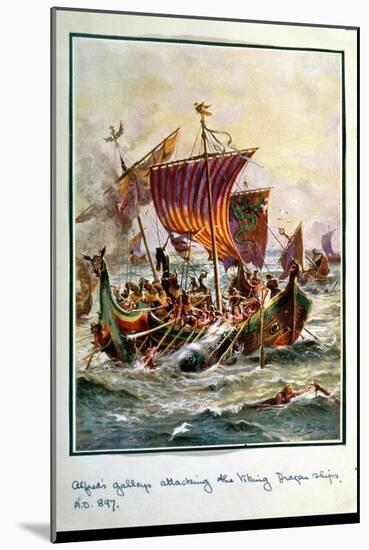 Alfred's Galleys Attacking the Viking Dragon Ships, 897 Ad-Henry Payne-Mounted Giclee Print