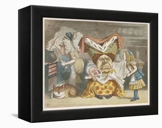 Alice and the Duchess in the Kitchen with the Duchess Who is Holding a Baby-John Tenniel-Framed Stretched Canvas