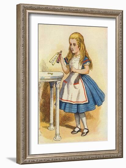 Alice Discovers a Bottle Marked “Drink Me” (Colour Engraving)-John Tenniel-Framed Giclee Print