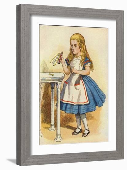 Alice Discovers a Bottle Marked “Drink Me” (Colour Engraving)-John Tenniel-Framed Giclee Print