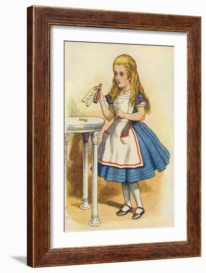 Alice Discovers a Bottle Marked “Drink Me” (Colour Engraving)-John Tenniel-Framed Giclee Print