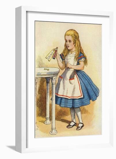 Alice Discovers a Bottle Marked “Drink Me” (Colour Engraving)-John Tenniel-Framed Giclee Print