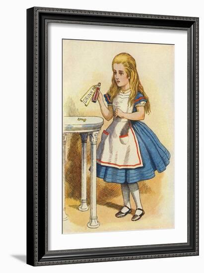 Alice Discovers a Bottle Marked “Drink Me” (Colour Engraving)-John Tenniel-Framed Giclee Print