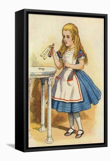 Alice Discovers a Bottle Marked “Drink Me” (Colour Engraving)-John Tenniel-Framed Premier Image Canvas