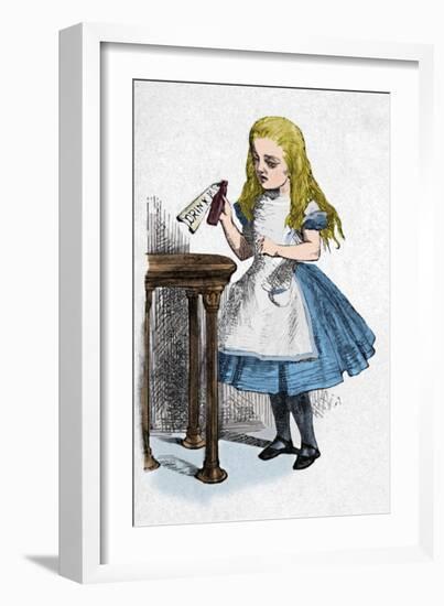 'Alice looking at the bottle with the sign 'drink me''', 1889-John Tenniel-Framed Giclee Print