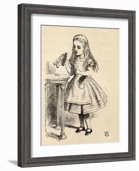 Alice Peering at the Drink Me Bottle, from 'Alice's Adventures in Wonderland' by Lewis Carroll,…-John Tenniel-Framed Giclee Print