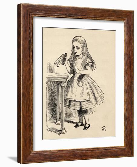 Alice Peering at the Drink Me Bottle, from 'Alice's Adventures in Wonderland' by Lewis Carroll,…-John Tenniel-Framed Giclee Print