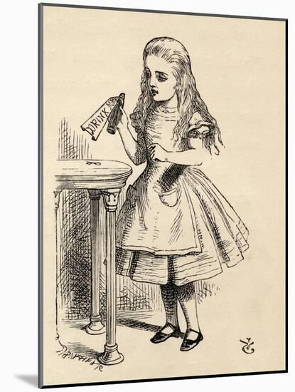 Alice Peering at the Drink Me Bottle, from 'Alice's Adventures in Wonderland' by Lewis Carroll,…-John Tenniel-Mounted Giclee Print