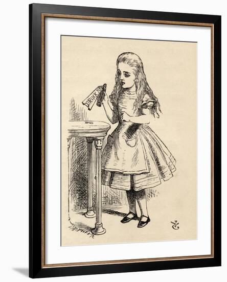 Alice Peering at the Drink Me Bottle, from 'Alice's Adventures in Wonderland' by Lewis Carroll,…-John Tenniel-Framed Giclee Print